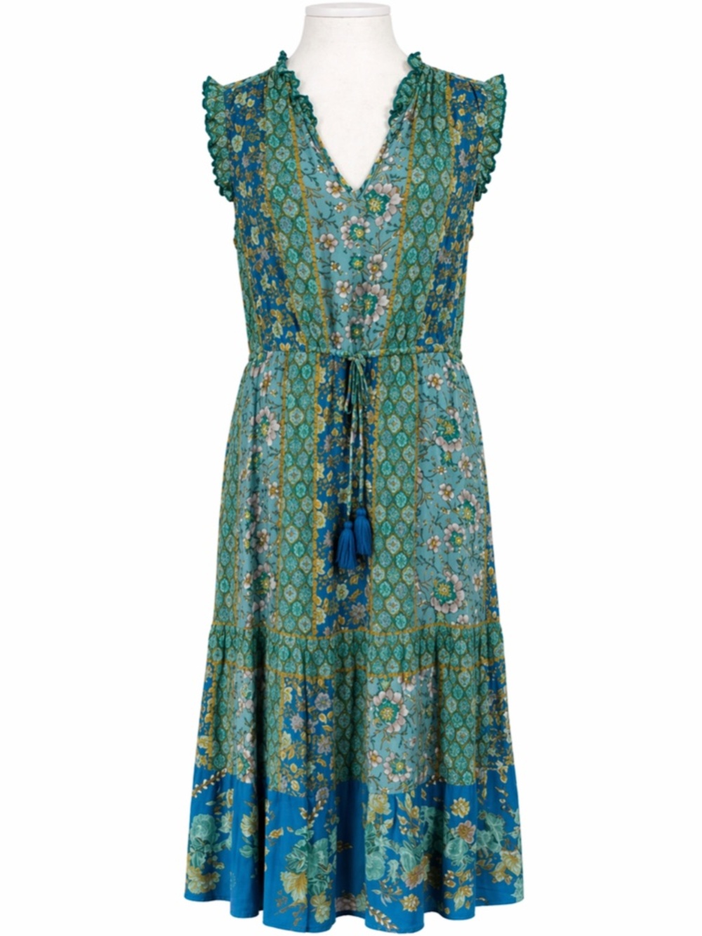 Knox Rose Boho Patchwork Midi Dress Large Floral Tassel Tie Waist Cottagecore